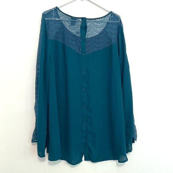 TORRID 2 Plus Size Lace Inset Georgette Blouse Solid Teal Blue Green Long Sleeve - Picture 14 of 16